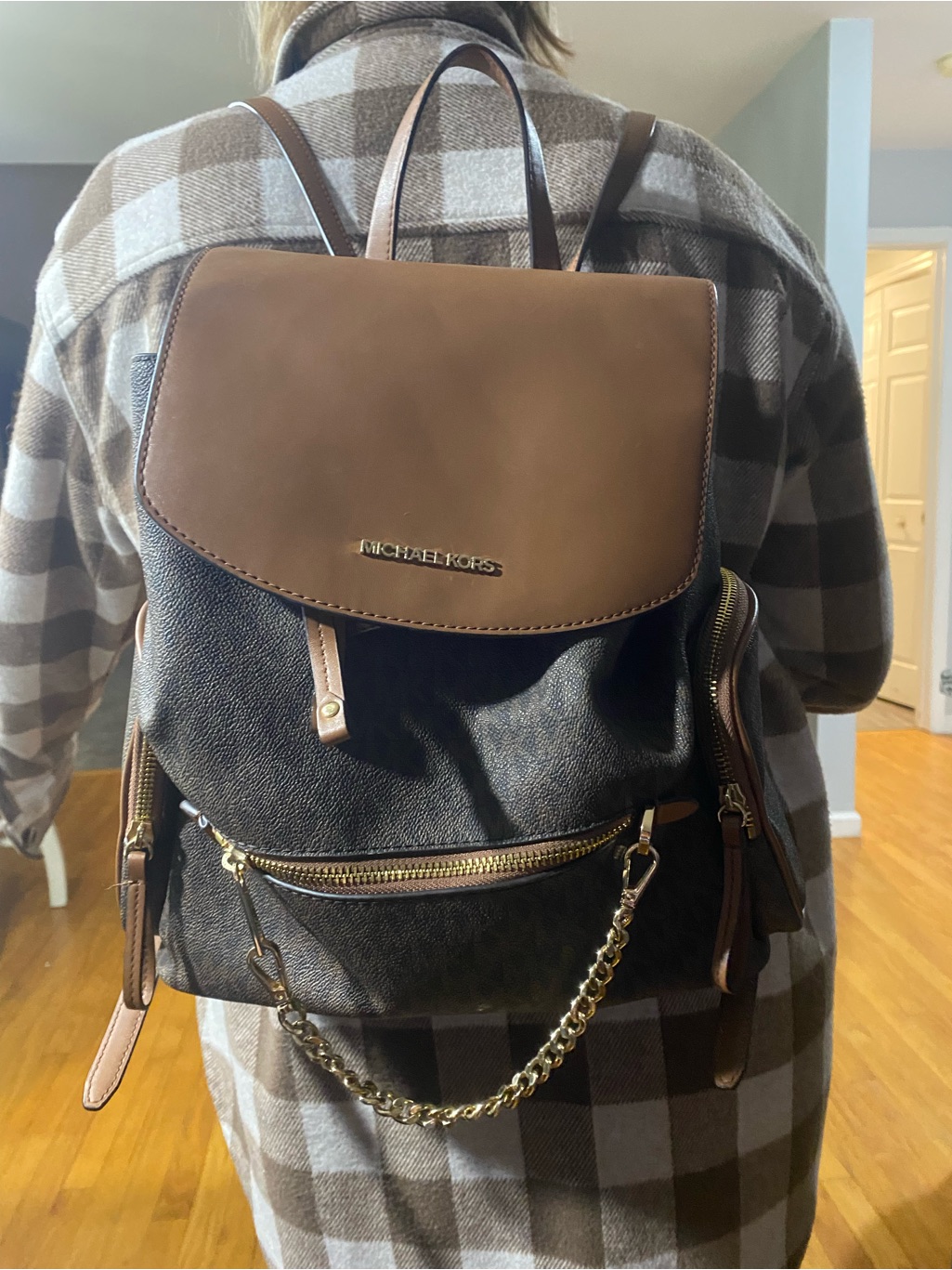 Michael Kors Brown Logo Canvas Backpack With Gold Chain Detail